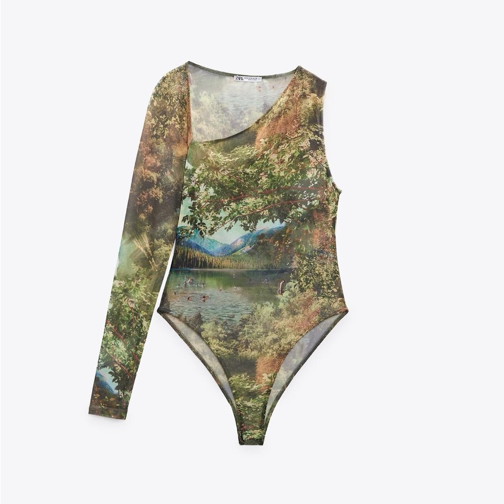ZARA Nature Printed One Sleeved Tulle Bodysuit